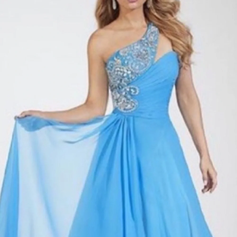 NEW PANOPLY SZ 8 TURQUOISE ONE SHOULDER JEWELED DRAPE FORMAL GOWN - Picture 9 of 9